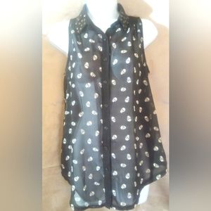 Vintage "REWIND" Sheer Sleeveless Skull Print Studded Collar Button Down Top